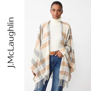 J.McLaughlin Plaid Fringe Ruana Wrap – Neutral Wool Blend Poncho Shawl